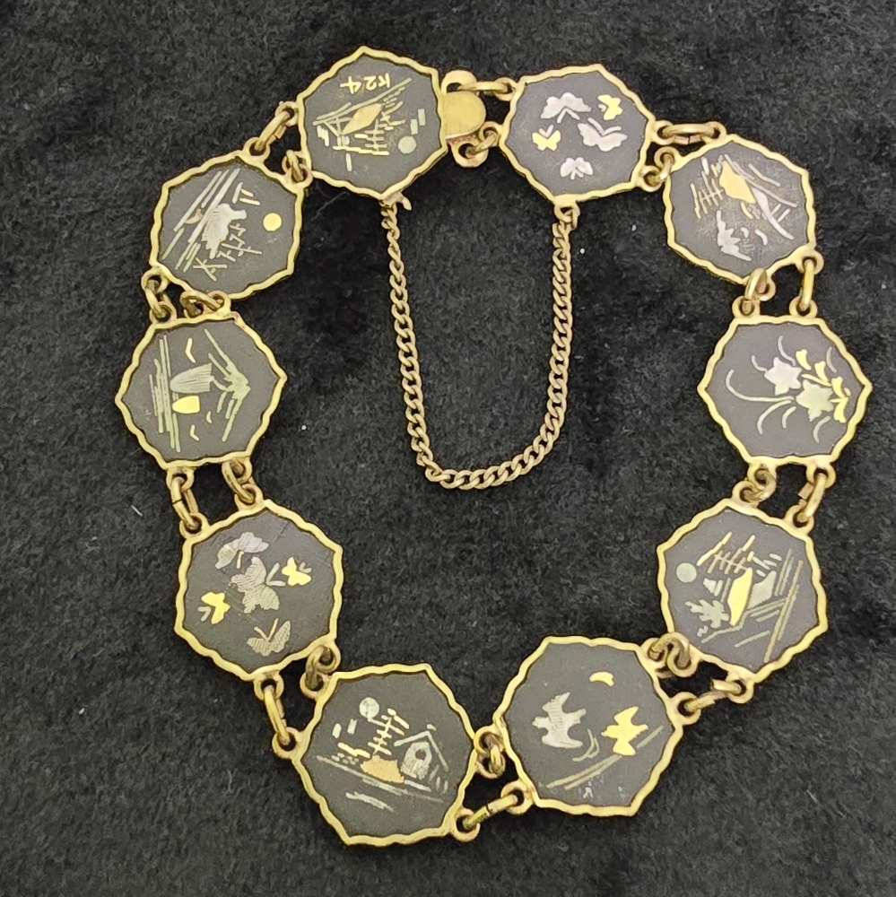 1920s Japanese Damascene 24k 10 Plate Safety Chain Bracelet Gold Hand Painted